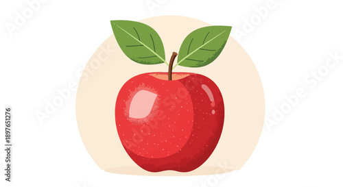 Vibrant Red Apple with Green Leaves Illustration.