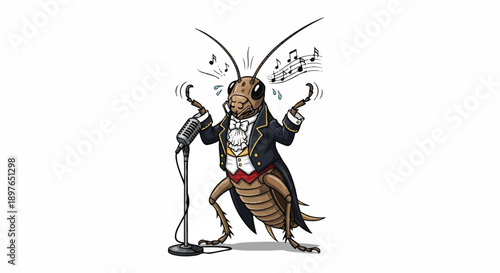 Sophisticated Cricket Wearing a Tuxedo and Singing into a Microphone, Grasshopper Performer Illustration