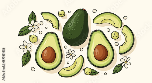 Fresh Avocado Collection with Halves Slices and Whole Fruit.