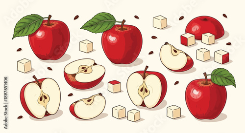 Vibrant Red Apples Whole and Sliced with Leaves and Cubes.