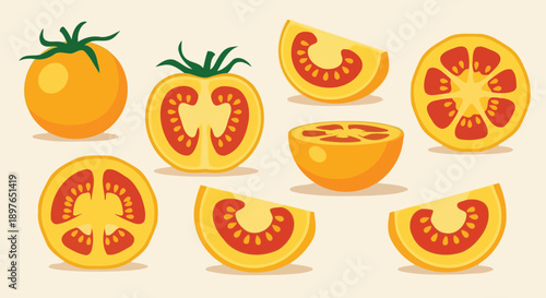 Vibrant Yellow Tomatoes - Whole, Halved, and Sliced for Culinary Delight.