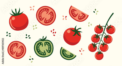 Vibrant Tomato Collection - Whole, Sliced, and Cherry Tomatoes in Red and Green Hues.