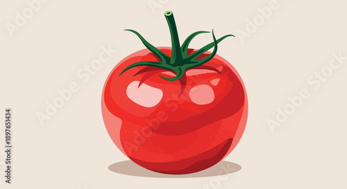 Vibrant Red Tomato with Green Stem and Leaves.