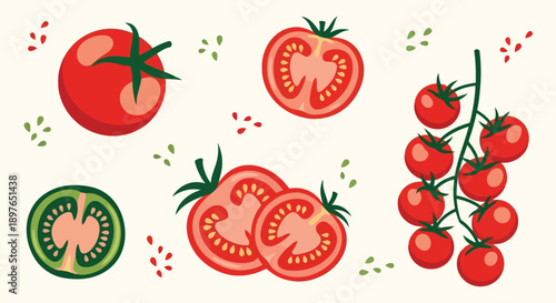 Vibrant illustration of fresh red and green tomatoes in various cuts and a cluster.