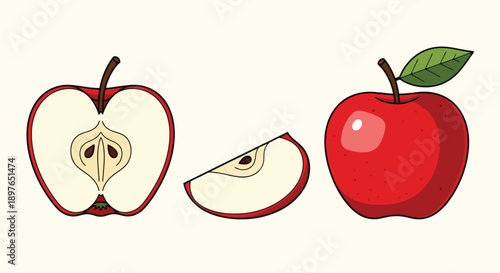 Vibrant Red Apple Illustrations - Whole, Half, and Sliced Fruit.