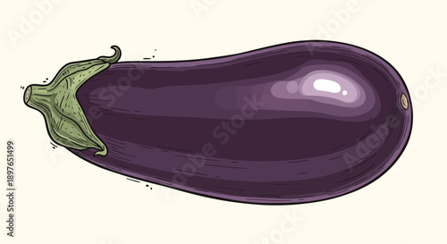Vibrant Purple Eggplant Illustration with Green Stem.