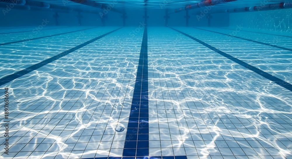 Obraz premium Underwater view of a tiled swimming pool, with light reflections on the water's surface