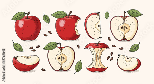 Hand drawn red apples whole bitten sliced and core with seeds and leaves.