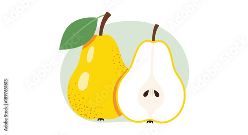 Fresh yellow pears whole and sliced with leaf.