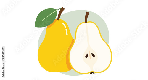 Vibrant yellow pears with one perfectly sliced in half.