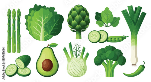 Fresh Green Vegetables Collection on White Background.