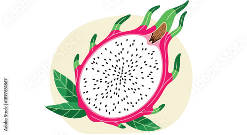 Vibrant Dragon Fruit Half with Seeds and Green Leaves.