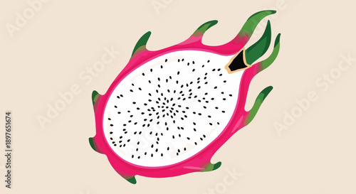 Vibrant Dragon Fruit Half with Seeds Illustration.