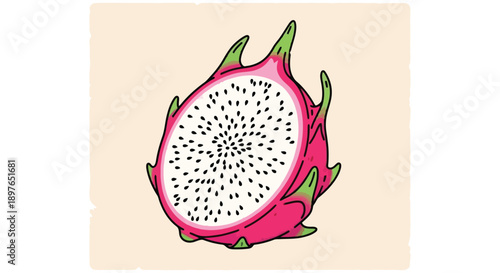 Vibrant Dragon Fruit Half with White Flesh and Black Seeds.