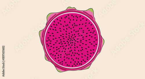 Vibrant pink dragon fruit slice with tiny black seeds.