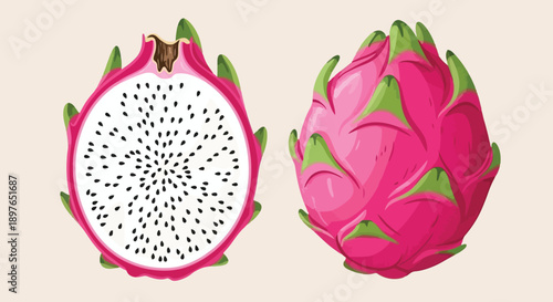 Vibrant Dragon Fruit Whole and Halved Displaying Juicy Flesh and Seeds.