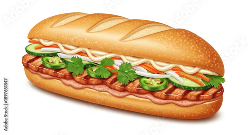 Authentic Vietnamese Banh Mi sandwich filled with grilled meat, fresh vegetables, and sauce