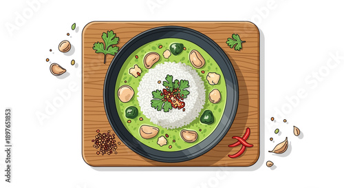 Delicious Thai Green Curry with white rice and fresh ingredients on a wooden board