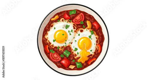 Delicious shakshuka served in a white bowl with fried eggs, tomatoes, and peppers