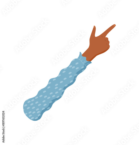 Cartoon hand pointing up with one finger. Human hand gesture showing number one with forefinger extended. Brown arm in blue sleeve, flat style, educational element, isolated on white background,