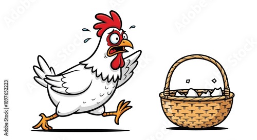 Scared Panicking White Chicken Running Away from Basket Illustration