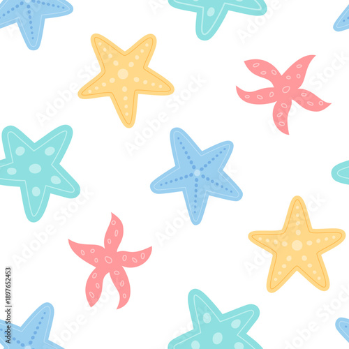 Cartoon starfish in seamless aquatic pattern. Marine ocean fauna under vivid underwater background. Flat summer texture with colorful shapes, perfect as a marine design for creative visuals or summer