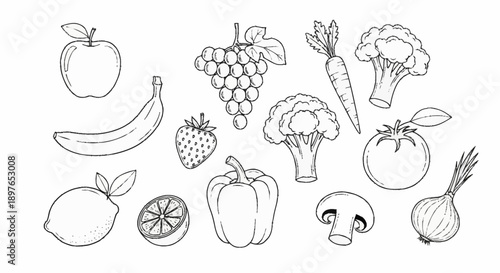 Collection of hand drawn fruits and vegetables isolated on white background.