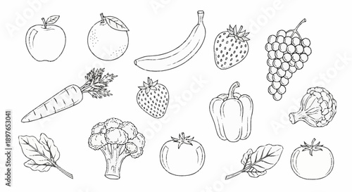 Collection of Hand Drawn Fruits and Vegetables Line Art.