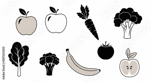 Collection of stylized fruits and vegetables icons.