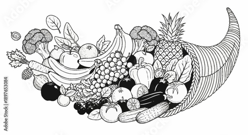 Cornucopia overflowing with fresh fruits and vegetables illustration.