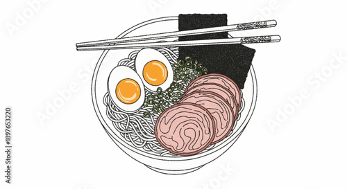 Delicious bowl of ramen noodles with toppings and chopsticks.