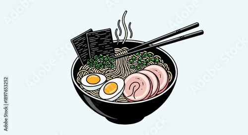 Delicious bowl of steaming ramen noodles with toppings.