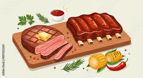 Delicious grilled steak and ribs with corn and chili.