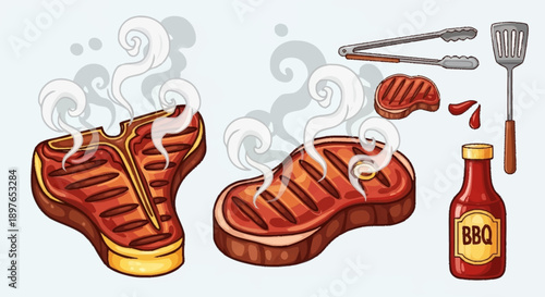 Delicious Grilled Steaks with BBQ Sauce and Utensils.