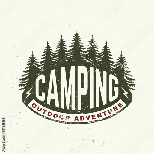 Camping outdoor adventure patch design. Vector. Extreme adventure. Concept for shirt or logo, print, stamp with hiking poles and pine forest. Outdoor adventure.