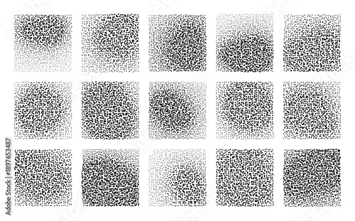 Set of halftones geometric dots gradient and pop art texture. Vector illustration. Monochrome Abstract dot, Gradient halftone dots for background pattern. Noise grain dust pattern.
