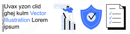 Digital marketing, analytics, cybersecurity, document verification, data protection, progress analysis. Man analyzing search data, shield icon checklist document. Analytics and cybersecurity concept