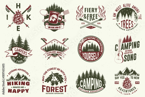 Set of logo, badge design with inspirational adventure quotes. Concept for shirt or logo, print, stamp or tee with mountain, forest, oak leaf and acorns, pin forest, matches stick, mountain. Vector
