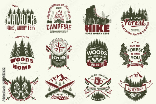 Hiking makes me happy. Vector illustration. Extreme adventure. Hiking related typographic quote. Concept for shirt or logo, print, stamp. Landscape with Mountain and forest.