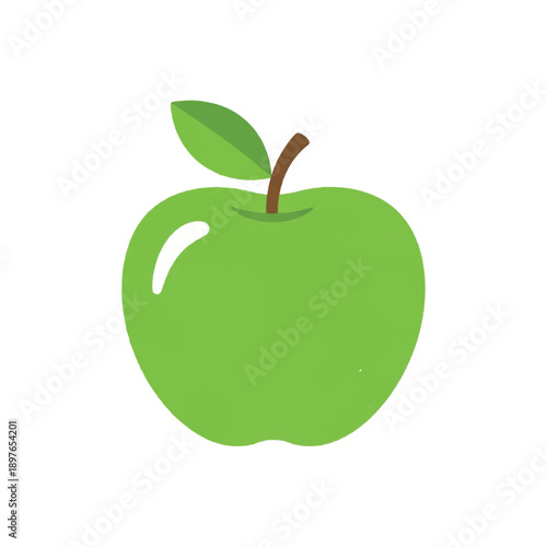 Vibrant green apple with stem and leaf, healthy fruit illustration on white background