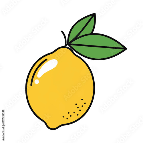 Fresh yellow lemon fruit with green leaves in hand drawn cartoon style for food packaging