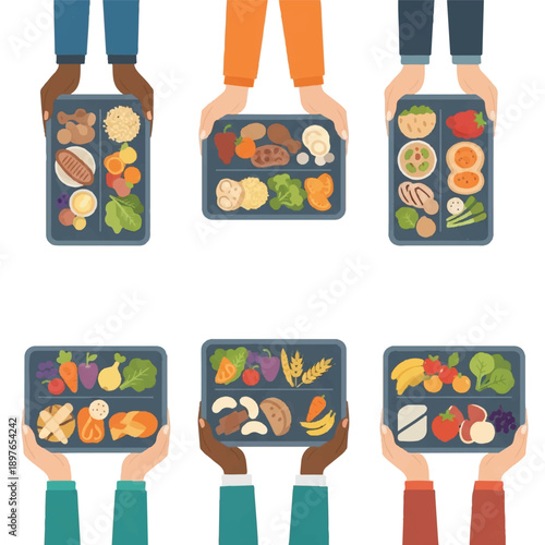 Diverse hands holding bento boxes with various healthy meal options including vegetables, fruits, and protein