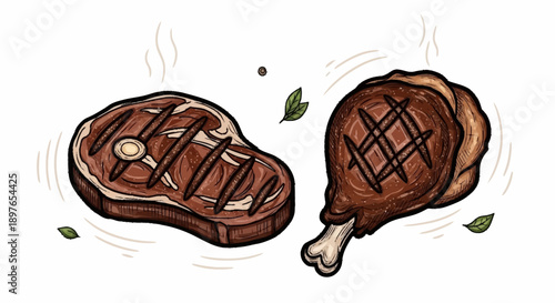 Grilled Steak and Chicken Leg with Grill Marks and Steam.