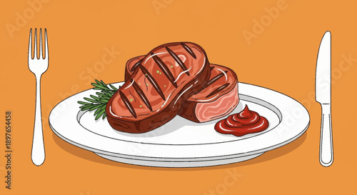 Grilled Steak Dinner on a Plate with Ketchup and Parsley.