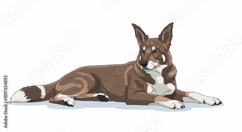 Illustration of a brown dog lying down on a white background.