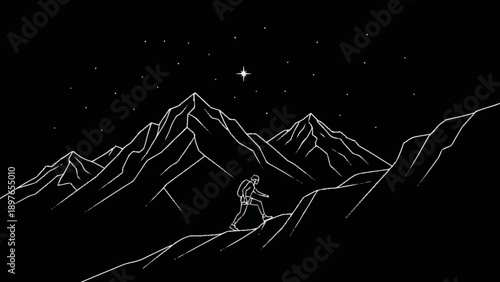 Lone figure gazes at starry night sky over mountain range.