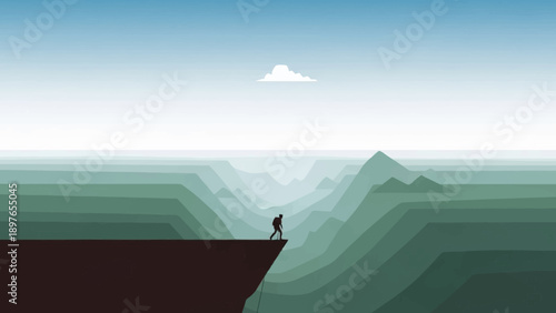 Lone hiker stands on cliff edge overlooking vast mountain landscape.