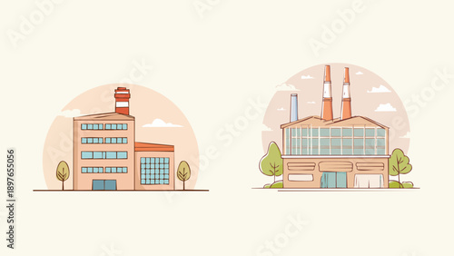 Modern vector illustration of two distinct industrial factories with chimneys