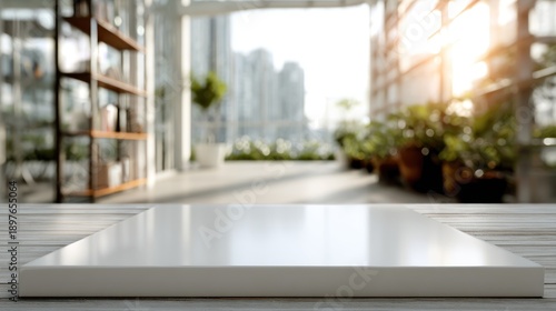 Wallpaper Mural Modern indoor sunlit space with a sleek white platform and abundant greenery Torontodigital.ca