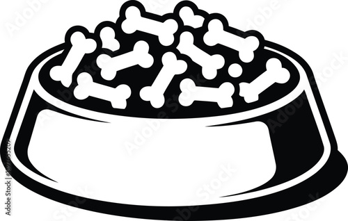Vector dog food bowl filled with bones, pet nutrition icon, black and white illustration, Isolated on transparent background, png